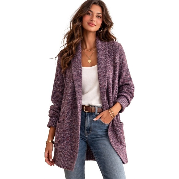 Liz Claiborne Purple Speckled Shawl Cardigan Small Knit Cozy Core Cottage - Picture 2 of 9